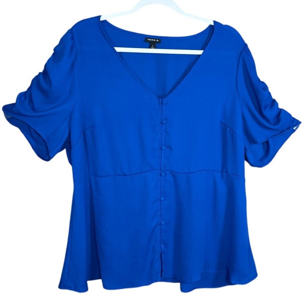 Torrid Georgette Ruched Button Down Blouse Blue Surf The Web SZ 1 1X 14 16